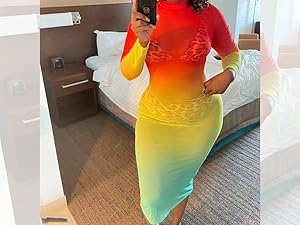 Women''s Sheer Mesh Long Sleeve Bodycon Dress