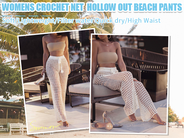 Womens Crochet Net Hollow Out Beach Pants Bathing Suit Bikini Swimsuit Cover Up Pants