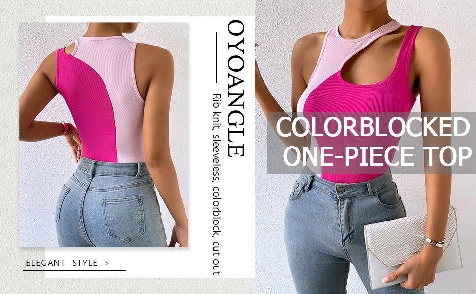 OYOANGLE Women''s Colorblock Rib Knit Cut Out Asymmetrical Neck Slim Fit Casual Bodysuit Top Shirts