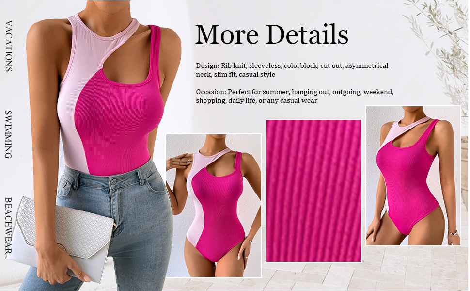 OYOANGLE Women''s Colorblock Rib Knit Cut Out Asymmetrical Neck Slim Fit Casual Bodysuit Top Shirts