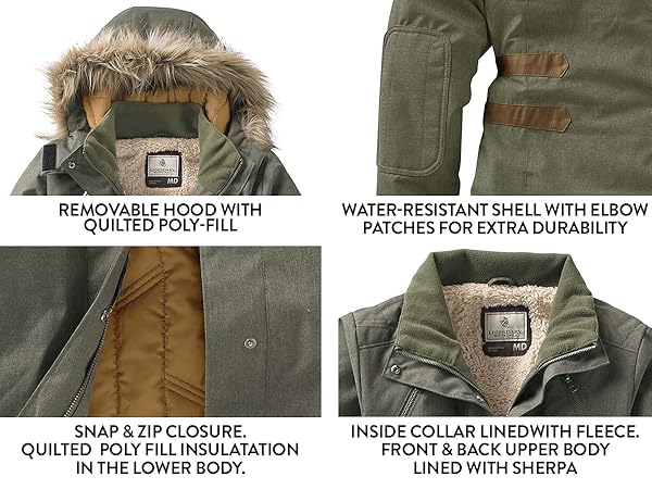 removable hood, quilted poly-fill, durable, snap & zip closure, lined with sherpa, elbow patches