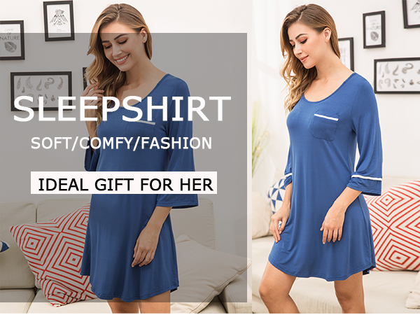 Womens Sleepshirt 34 Sleeves Nightgown Sexy Nightshirts Boyfriend Sleepwear S-XXL