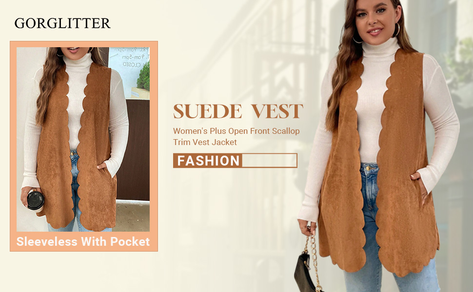 GORGLITTER Women''s Plus Open Front Scallop Trim Vest Jacket Sleeveless Suede Coat with Pocket