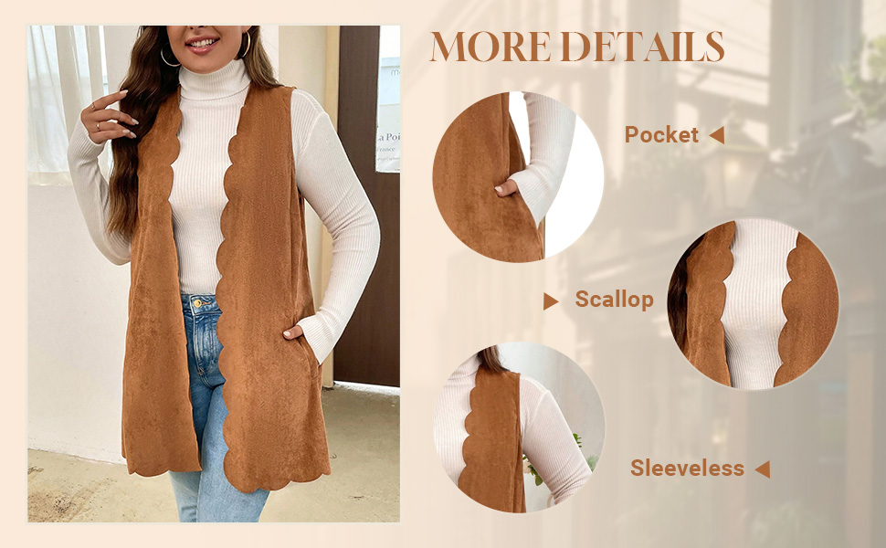 GORGLITTER Women''s Plus Open Front Scallop Trim Vest Jacket Sleeveless Suede Coat with Pocket