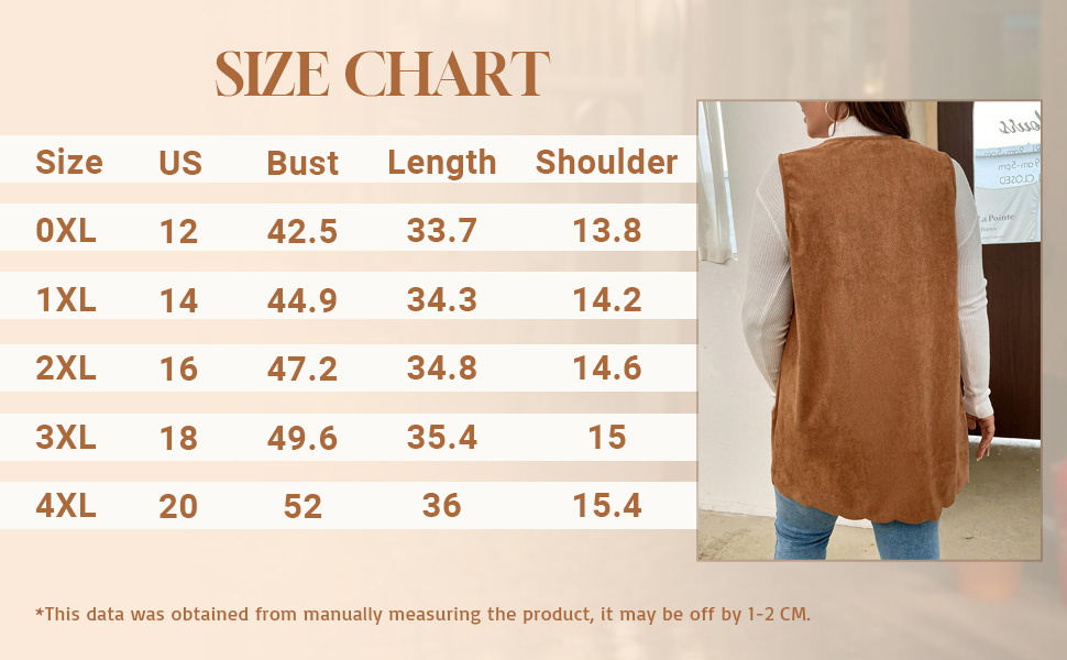 GORGLITTER Women''s Plus Open Front Scallop Trim Vest Jacket Sleeveless Suede Coat with Pocket