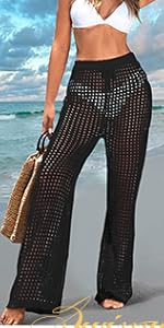 Beach Cover Up Pants Hollow Out Drawstring Elastic High Waist Bathing Suit Cover Up Beach Pants