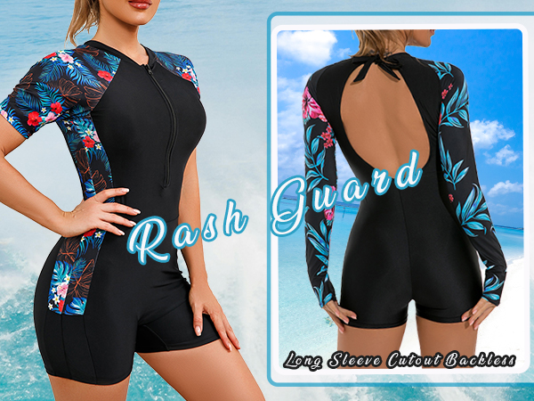 Women Rash Guard UPF 50+ Floral Print Rash Guard Long Sleeve Rash Guard One Piece Swimsuit Swimwear