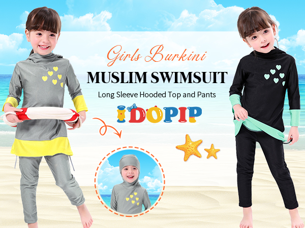 Muslim Swimsuit For Girls Kid Modest Full Cover Hijab Burkini Islamic Top Pants Cap Costume 3Pcs Set