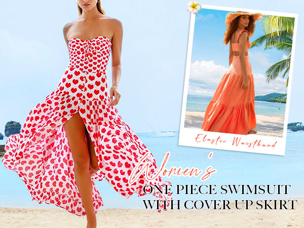 Women''s One Piece Swimsuit with Beach Cover up Skirt Two Piece Bathing Suits