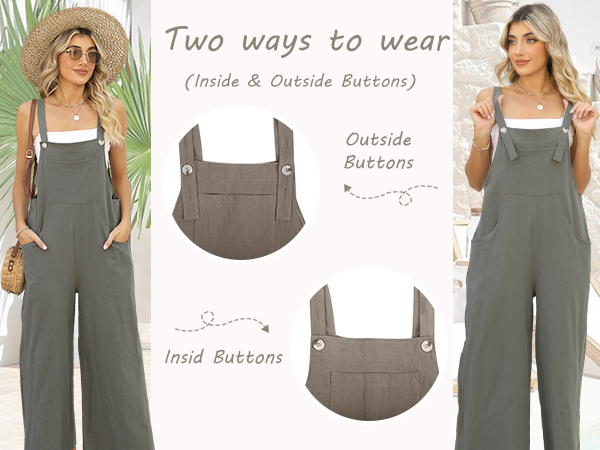 Women&#39;s Cotton Bib Overalls Wide Leg Loose Fit Jumpsuit Baggy Fashion Sleeveless Rompers