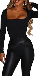 Sexy Square Neck Ruched Long Sleeve Bodycon Tops Fitted Casual Evening Party T Shirts