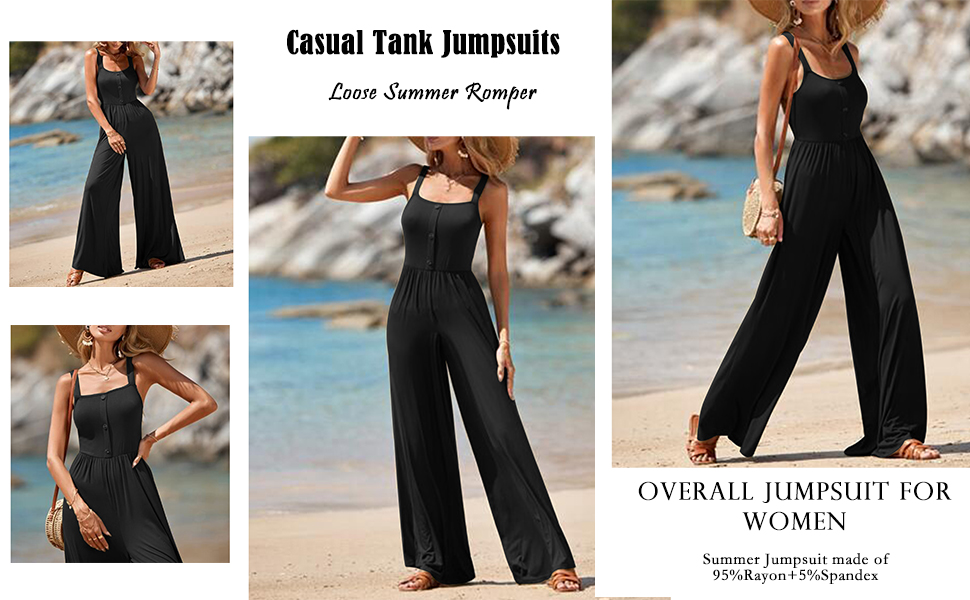 Summer Casual Jumpsuits Sleeveless One Piece Pants Square Collar Smocked Wide Leg Jumpsuit Rompers