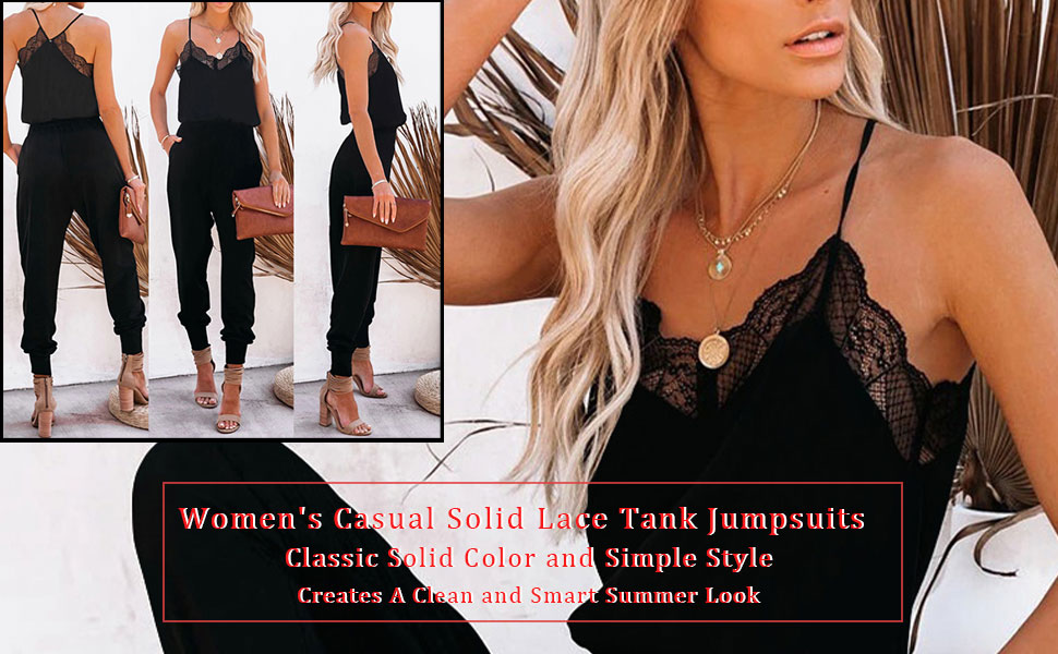 LACOZY Women''s Casual Solid Lace Tank Jumpsuits V-Neck Spaghetti Strap Romper Sleeveless  Jumpsuit