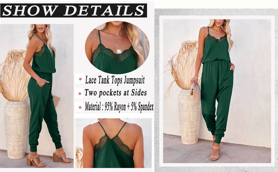 Womens Casual Solid Lace Tank Jumpsuits V-Neck Spaghetti Strap Romper Sleeveless Long Jumpsuits