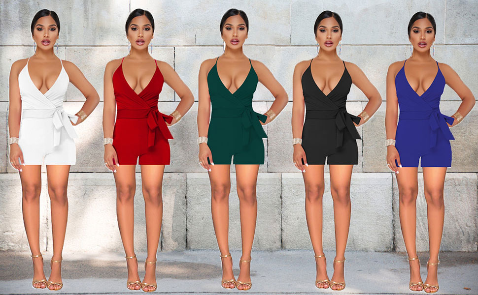 Women''s Spaghetti Strap Romper Wrap Front V Neck Short Jumpsuit with Belt 