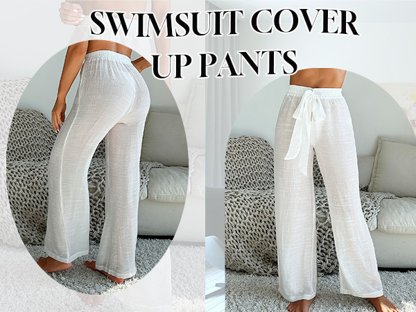 Women''s Swimsuit Cover Up Pants Sheer Elastic Waist Drawsting Straight Leg Beach Pants