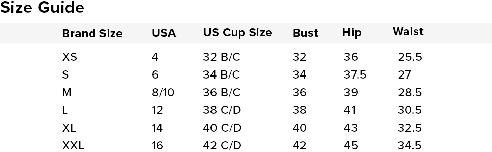 Amavi Swimwear Size Chart/Measurement Guide