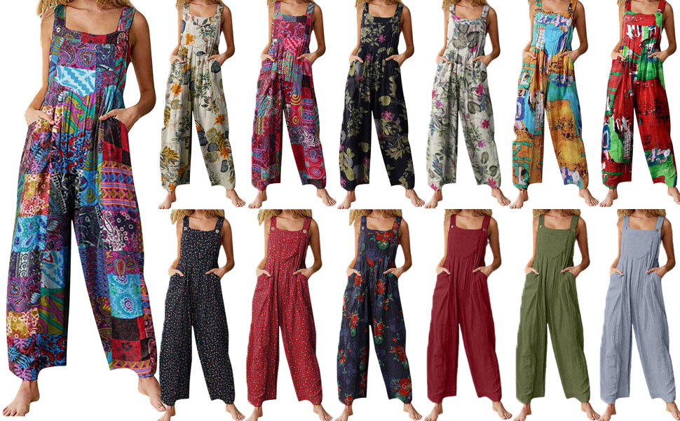 Women Jumpsuits Summer Overalls Multicolor Ethnic Style Square Neck Casual Rompers with Pockets