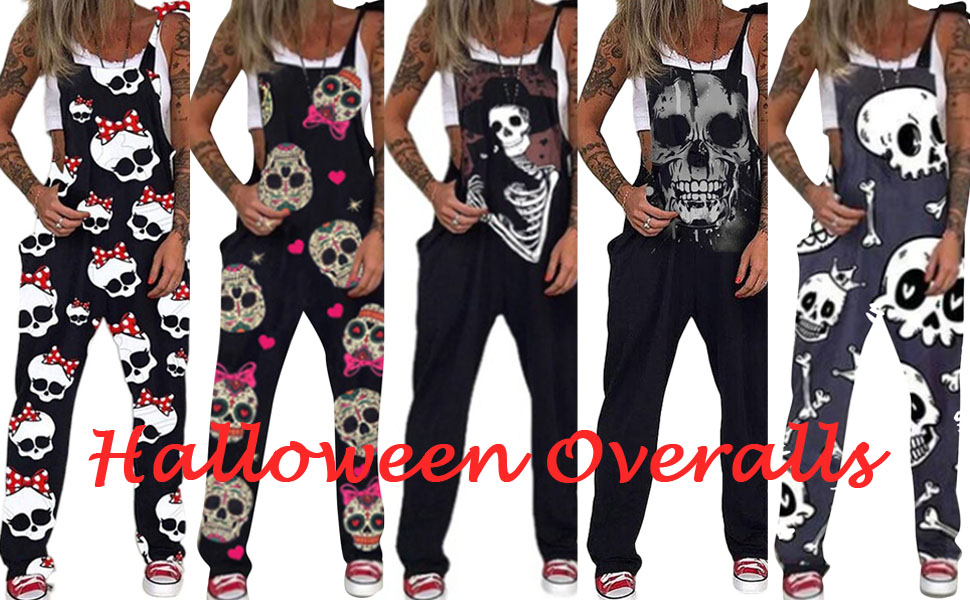 Women Halloween Overalls Plus Size Skull Printed Jumpsuit Square Collar Skeleton Jumpsuits Rompers