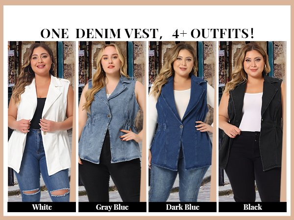 Plus Size Women''s Denim Vest Sleeveless Lapel Button Elastic Waist Denim Jackets Vests