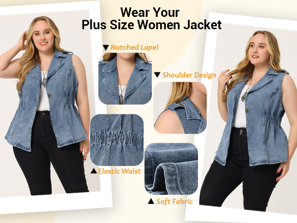 Women''s Denim Vest Sleeveless Lapel Button Elastic Waist Casual Denim Jackets Vests