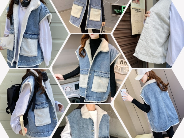 button down closure cute denim vest coat boyfriend sherpa lined denim jacket