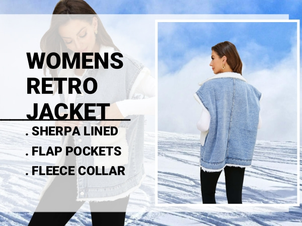 Women''s  Sherpa Vest Denim Button Down Fleece Padded Gilet with Pockets