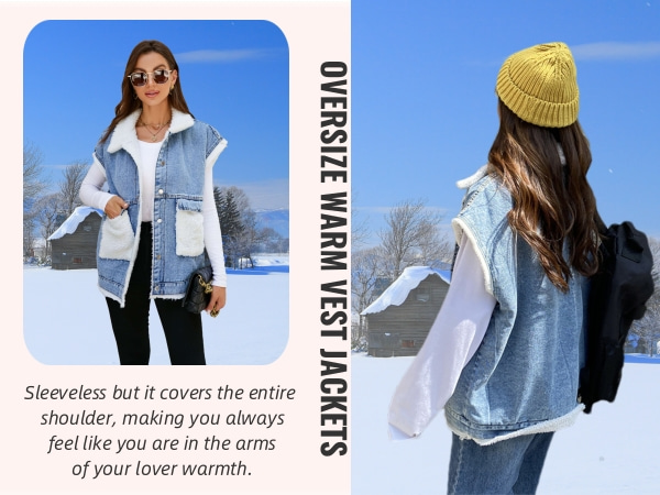 Sherpa Fleece Lined Denim Vest for Women Sleeveless Wool Warm Jean Jacket Waistcoat Outwear Gilet