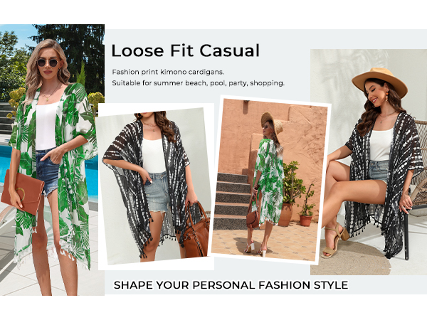 loose fit casual green leaves black white beach kimono cardigan ladies long kimono loose cover-up