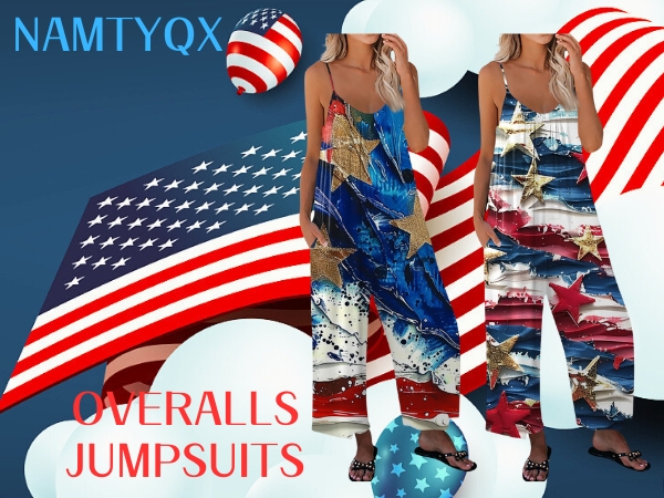 4th of July Jumpsuit Overalls for Women, Jumpsuit Dressy For Women,Star Flag Print Wide Leg Overall