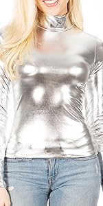 long sleeve turtle neck metallic liquid shiny dress up party event essential fitted blouse top nice