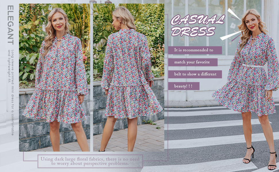 Women''s Mini Dress Casual Floral Print Long Sleeve V Neck Tie Ruffle Swing Loose Dresses