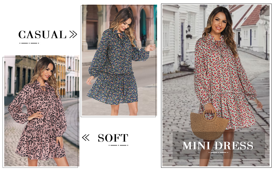 Women''s Mini Dress Casual Floral Print Long Sleeve V Neck Tie Ruffle Swing Loose Dresses