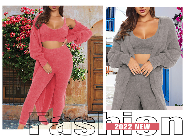 Sweatsuits for women 3 pieces fuzzy fleece pant set