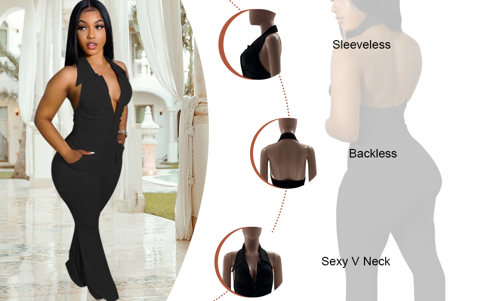 One Piece Jumpsuits for Women Sexy Halter Sleeveless Button Wide Leg Flared Long Jumpers Romper 