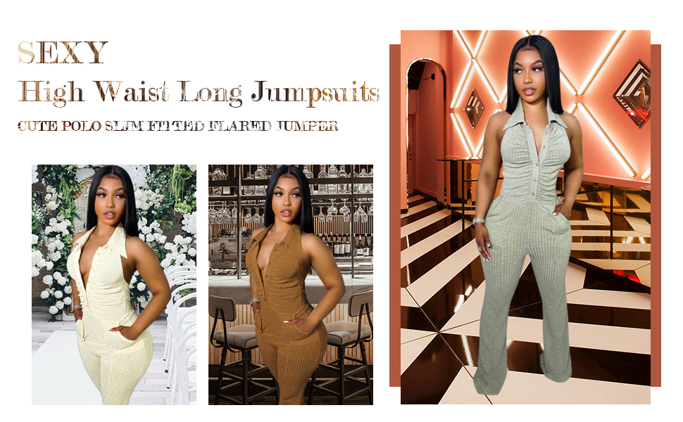 Flare Jumpsuits Sexy Halter Ruched Knit Ribbed Bodycon Turn Collar Backless Pocket Rompers Clubwear 