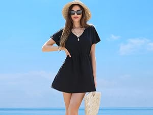 Soul Young Swim Cover Up Women V Neck Swimsuit Bathing Suit Coverup Casual Short Sleeve Beach Dress