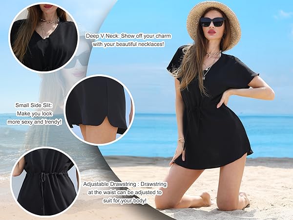 Swim Cover Up for Women V Neck Swimsuit Bathing Suit Bikini Coverup Beachwear Casual Beach Dress