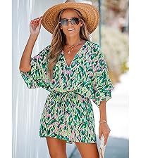 green abstract 3/4 sleeves belted mini romper