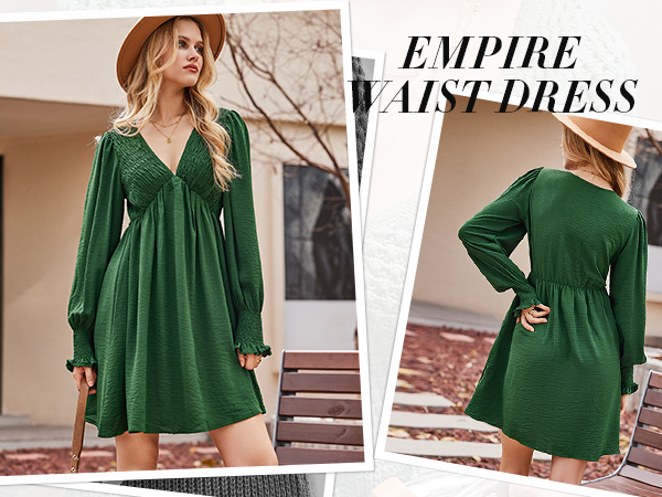 green long sleeve plunging v neck mini dress for women