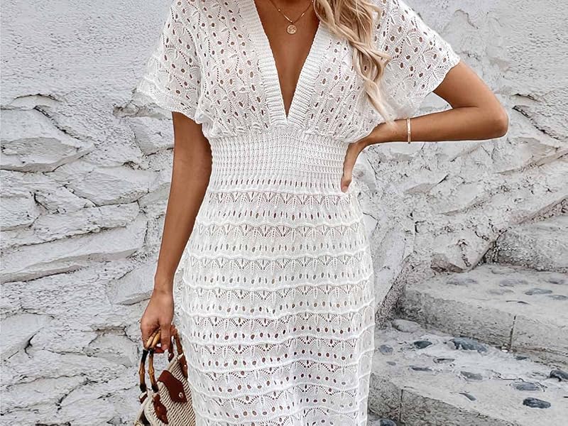 Kaximil Women''s Crochet Bathing Suit Cover up Short Sleeve Beach Dress Swimsuit swimwear 2024 