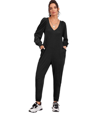 Women Casual Ruffle Hem Long Sleeve Jumpsuits Deep V Neck Baggy Bodycon Jumpsuit Long Pants Rompers