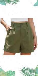 Cotton Linen High Waisted Button Shorts Baggy Casual Shorts with Pockets