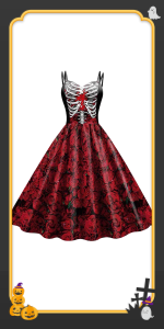 Women''s Retro Rose Skeleton Print Contrasting Color Dresses