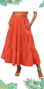 Boho High Waist Pleated Elastic Maxi Skirt A-Line Flowy Beach Skirt