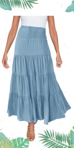 Boho Drawstring Elastic Skirt A-Line Long Ruffle Pleated Beach Skirts