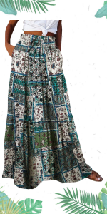 Print Boho Beach Long Skirts Pleated Pocket Drawstring Elastic Skirts