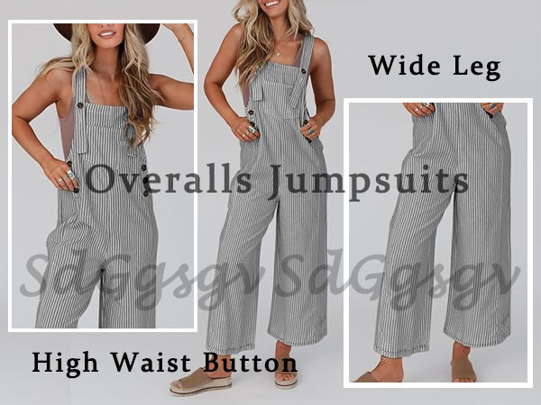 Vertical Stripe Jumpsuit Women Summer Dressy Button Loose Linen Jumpsuit