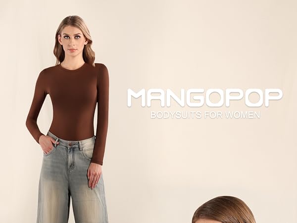 mangopop bodysuit body suits for women long sleeve crew neck white black mocha coffee