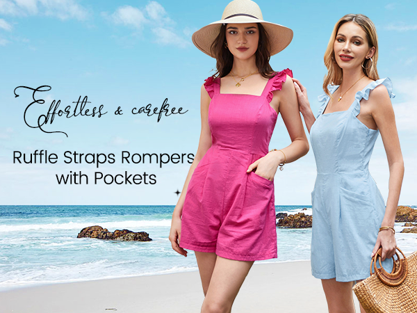  Summer Cotton Shorts Romper Adjustable Ruffle Straps Rompers Smocked Short Jumpsuit with Pockets